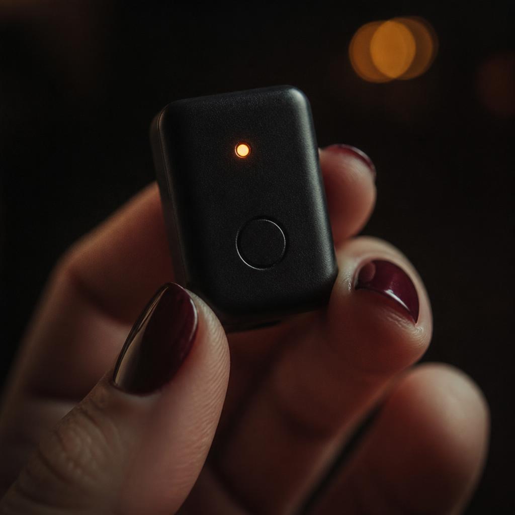 A small black tracking device held between two fingers